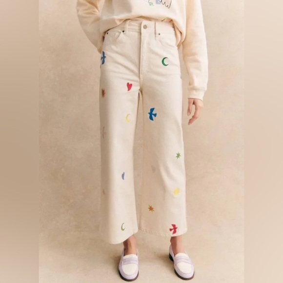 Sezane Denim - SÉZANE X PANGEA - Le Crop Jeans in Ecru Embroidery - Size 8 (US) / 40 (EU)